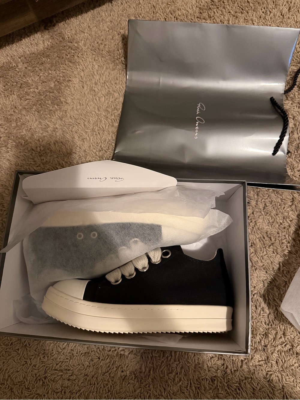 Rick Owens Black Canvas Low-Top Sneaker with Cream Sole